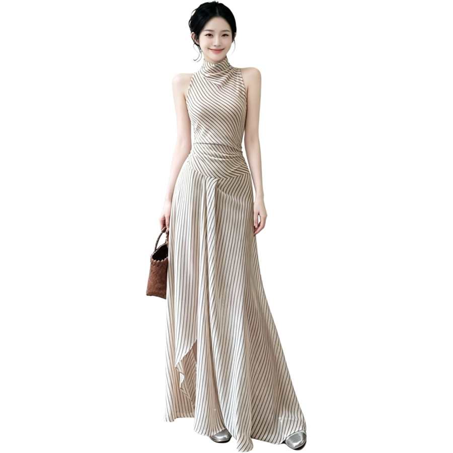 JBBCN Sleeveless Dresses Women's Khaki Brown Stripes Draped Collar Thin Long Skirt