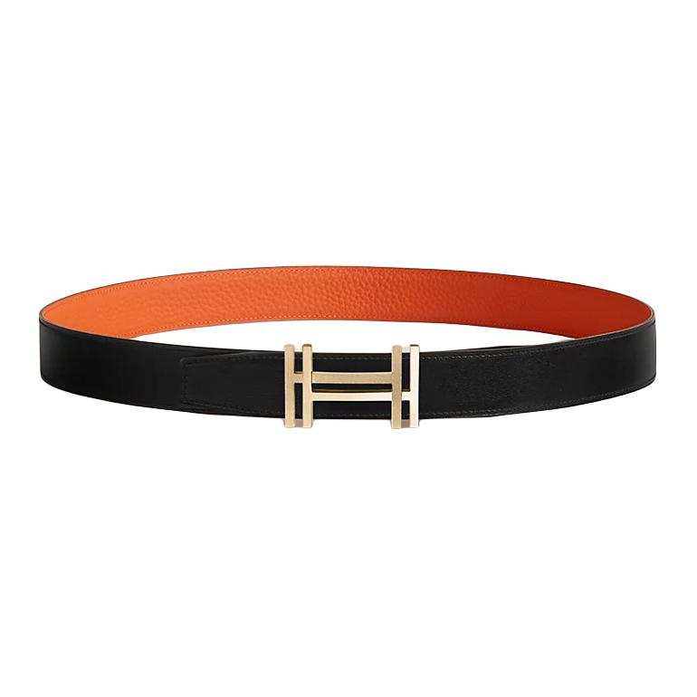 HERMES HERMES Cow Leather Belts Women's Black/Orange Width 3.2cm