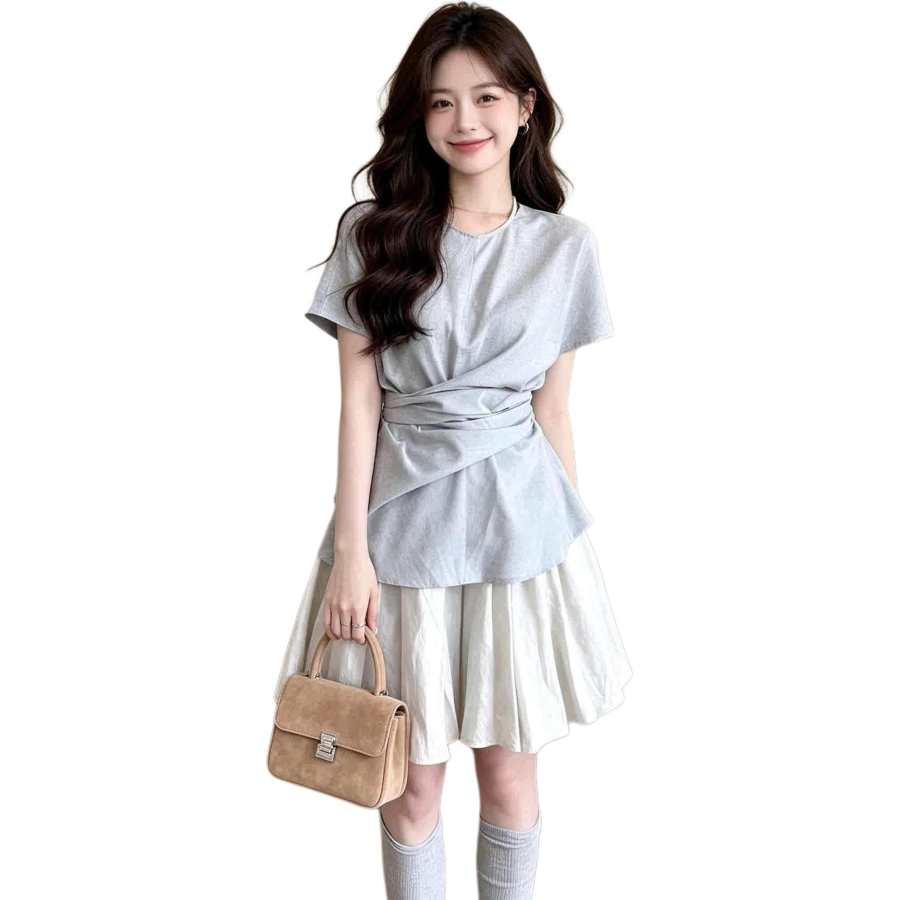 Cotton Gene Two Piece Skirt Sets Women's Crew Neck Moderate Short Skirt