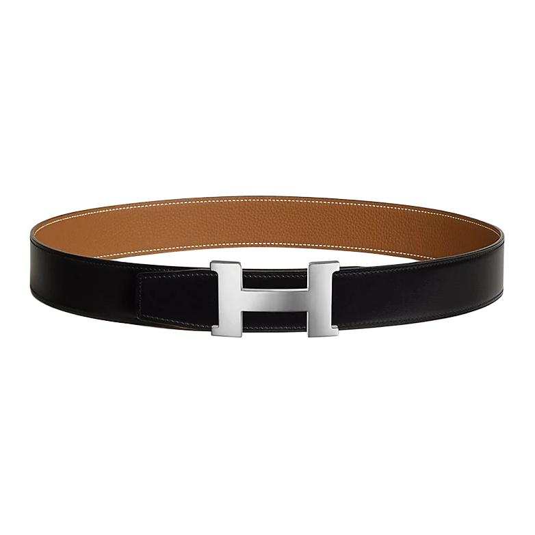 HERMES Constance Metal Calfskin Leather Belts Men's Width 3.8cm