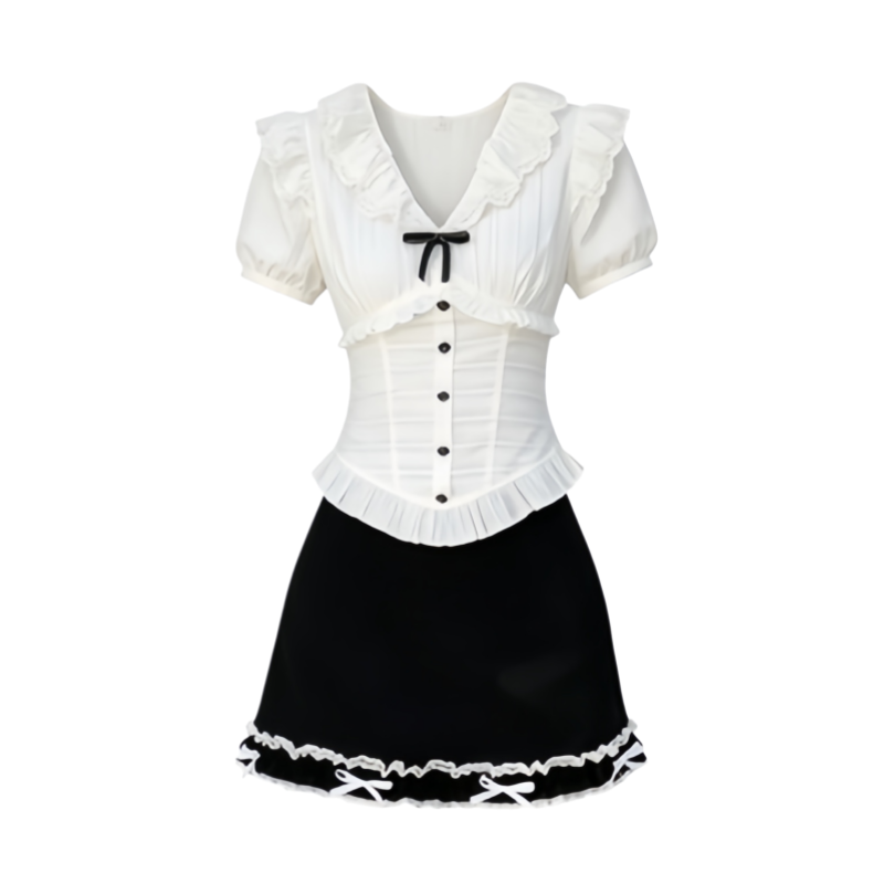 DUSHE Two Piece Skirt Sets Women's V Neck Thin Short Skirt