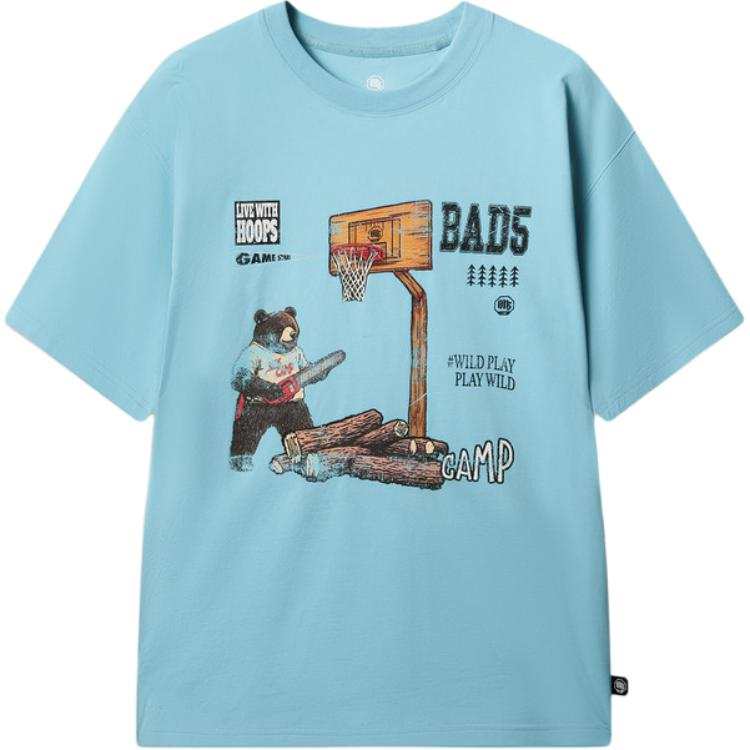 Li-Ning Li Ning BADFIVE T Shirts Men's Milk White Blue Crew Neck Moderate Straight Fit