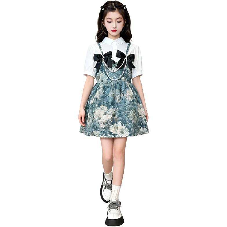 TNTX Kids Two Piece Skirt Sets Lapel Moderate Short Skirt Non Stretch