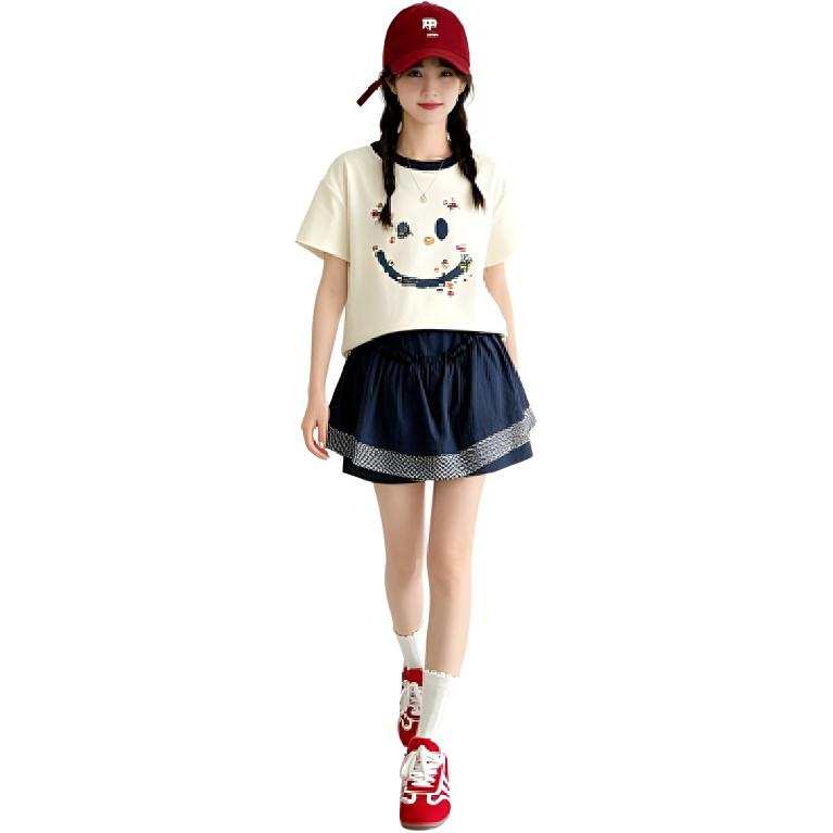 TNTX Kids Two Piece Skirt Sets Crew Neck Moderate Short Skirt Stretch