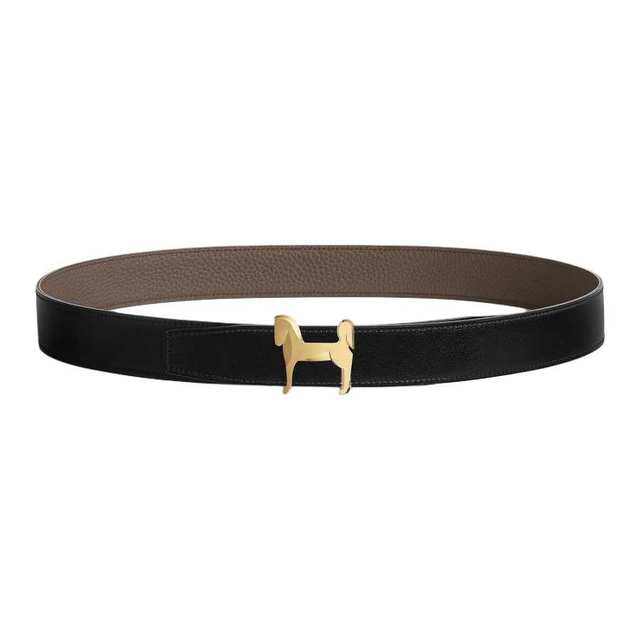 HERMES HERMES Panache Cow Leather Belts Men's Gray Black 3.2cm