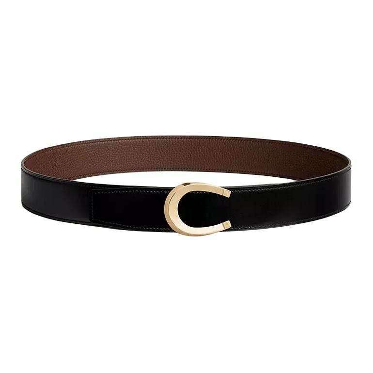 HERMES Ring Gold Smooth Buckle Luck Calfskin Double Sided Leather Belts Men's Black Width 3.8cm