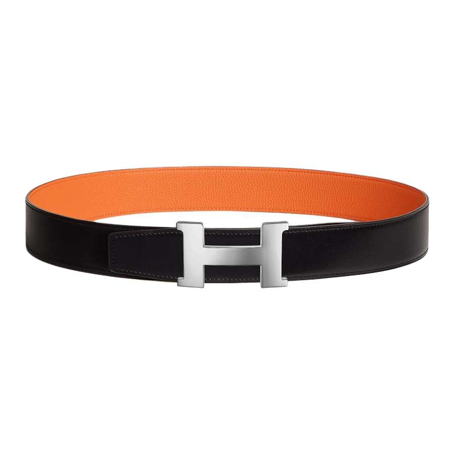 HERMES HERMES Constance Cow Leather Belts Men's Black/Orange Width 3.8cm