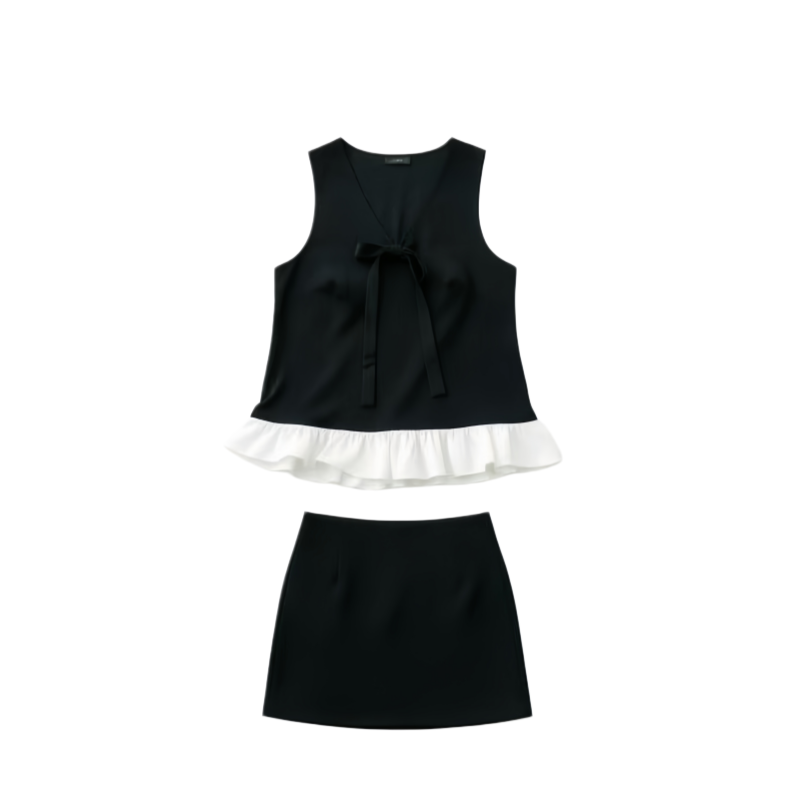 DUSHE Two Piece Skirt Sets Women's V Neck Thin Short Skirt