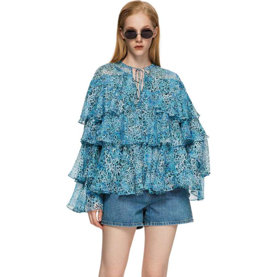 PINKO T Shirts Women's Blue Pattern V Neck Thin Straight Fit
