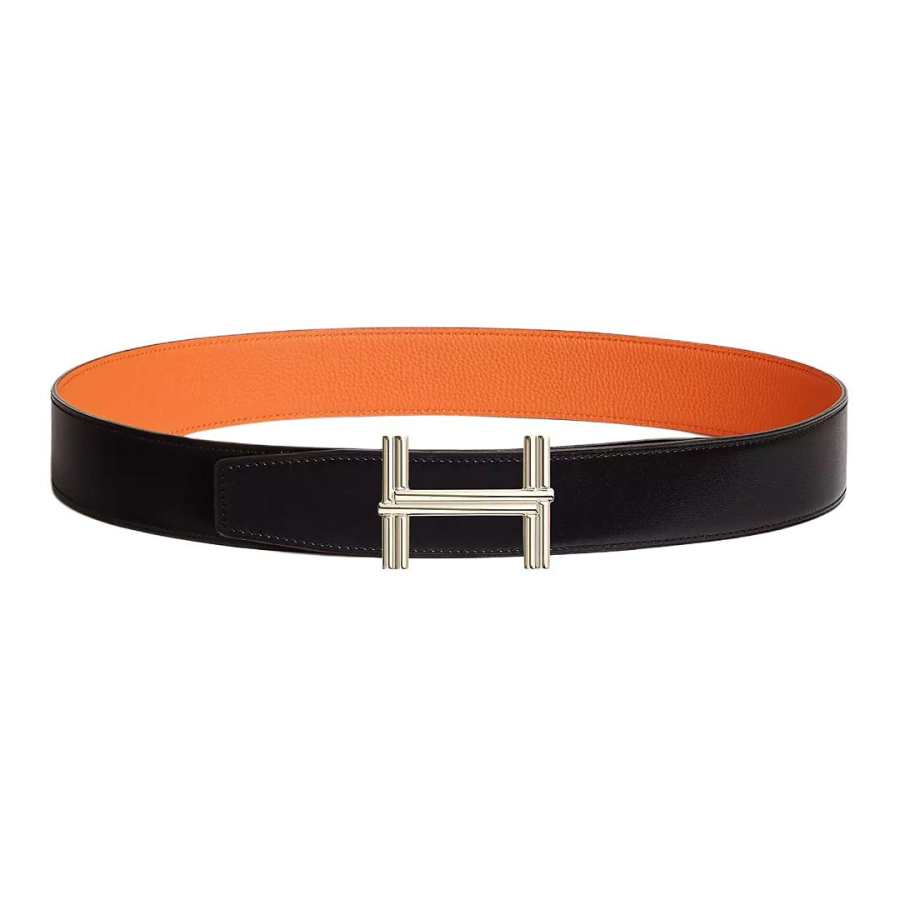 HERMES Brass Leather Metal Calfskin Leather Belts Men's Width 3.8cm