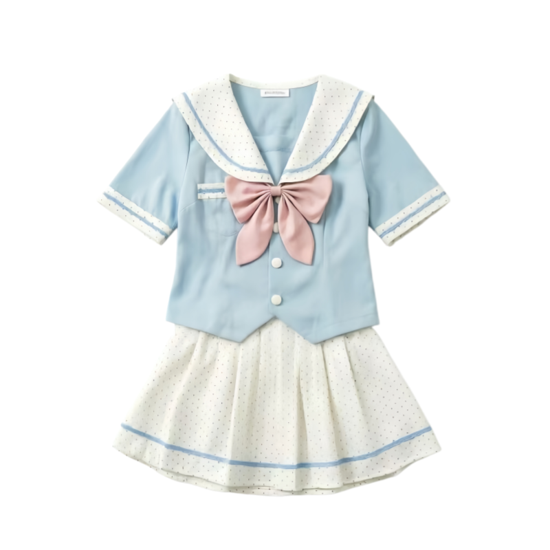 DUSHE Uniforms Women's Cloud Sakura Set, Top+Short Skirt+Bow Ties Lapel Thin Short Skirt Pleated Skirt