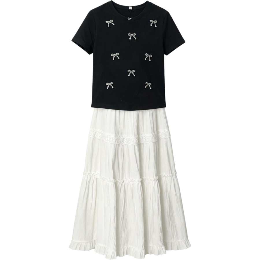 YALU Kids Two Piece Skirt Sets Crew Neck Moderate Long Skirt Stretch
