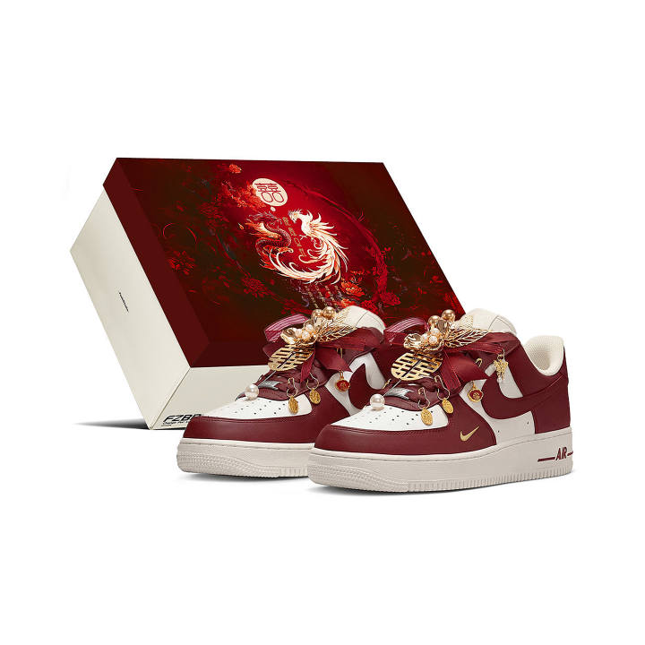 Nike Nike Air Force 1 Wedding Box, Wedding Shoes, Auspicious Dragon And Phoenix Abrasion Resistant Low top Skateboard Shoes