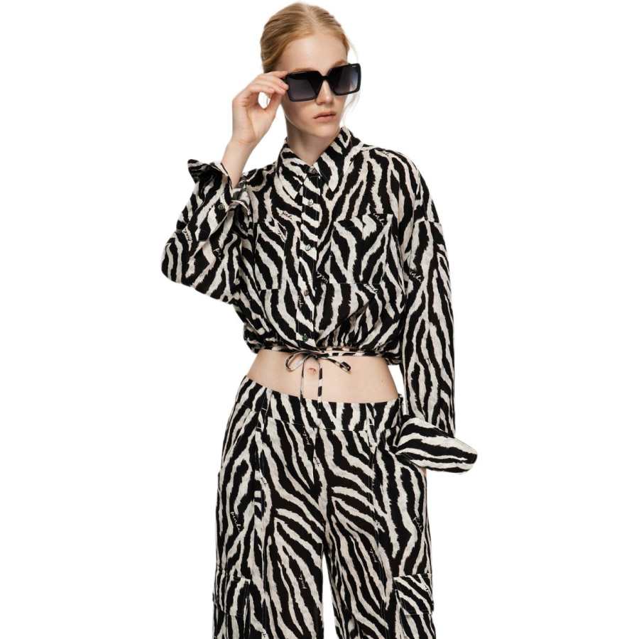 PINKO Shirts Women's Black White Pattern Lapel Moderate Nipped In Waist