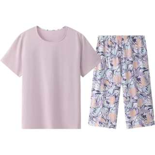 THREEGUN Women's Pajama Set Crew Neck Short Sleeved Mid Length Pants Women's