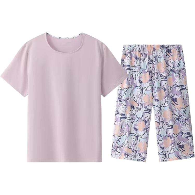 THREEGUN Women's Pajama Set Crew Neck Short Sleeved Mid Length Pants Women's