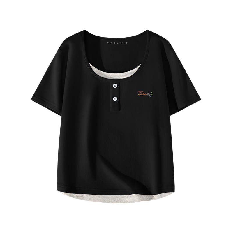 Tonlion T Shirts Women's Double Collar Moderate Mock Two Piece