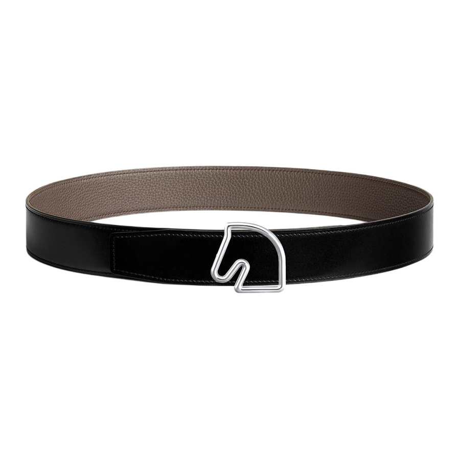 HERMES Tete De Cheval Palladium Metal, Togo Calfskin Leather Belts Men's Width 3.8cm