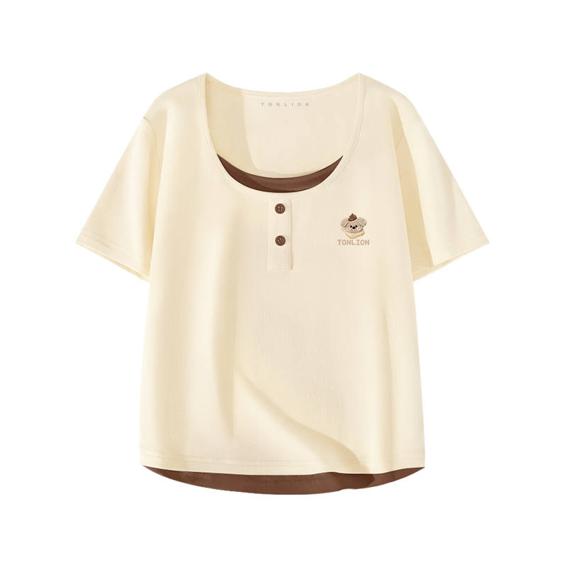 Tonlion T Shirts Women's Double Collar Moderate Mock Two Piece