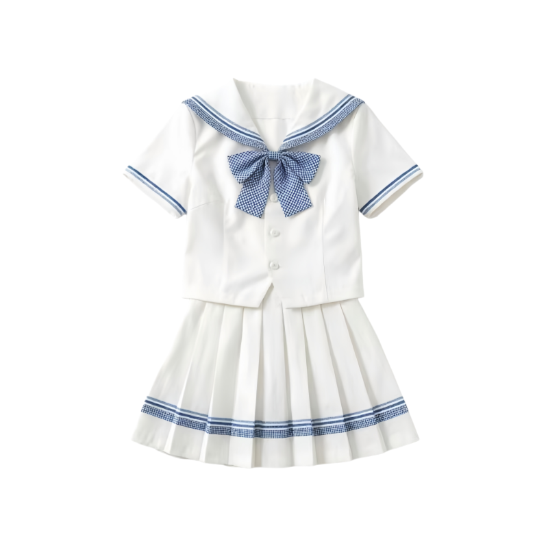 DUSHE Uniforms Women's Short Sleeved Top+Bow Ties+Short Skirt, Full Set Lapel Thin Pleated Skirt