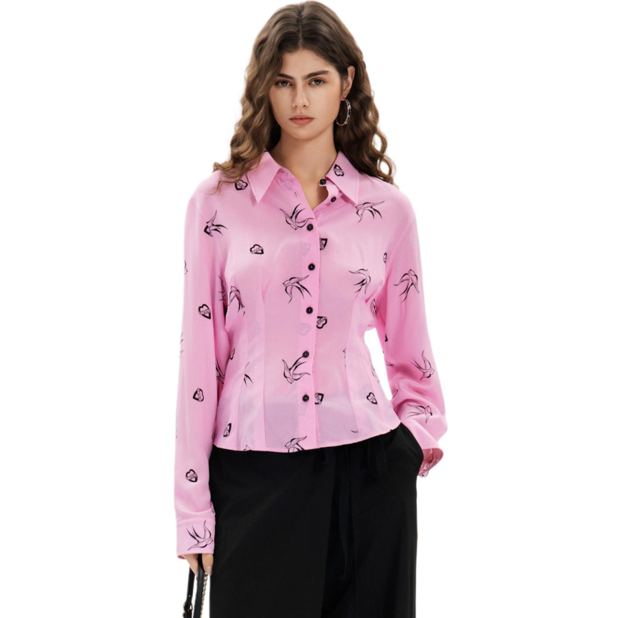 PINKO Shirts Women's Pink Floral Lapel Moderate Nipped In Waist