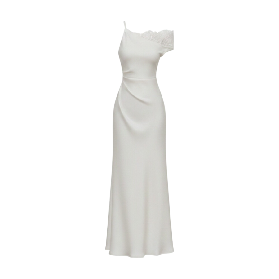 MTHE Sleeveless Dresses Women's Pearl White Asymmetrical Shoulder Moderate Long Skirt