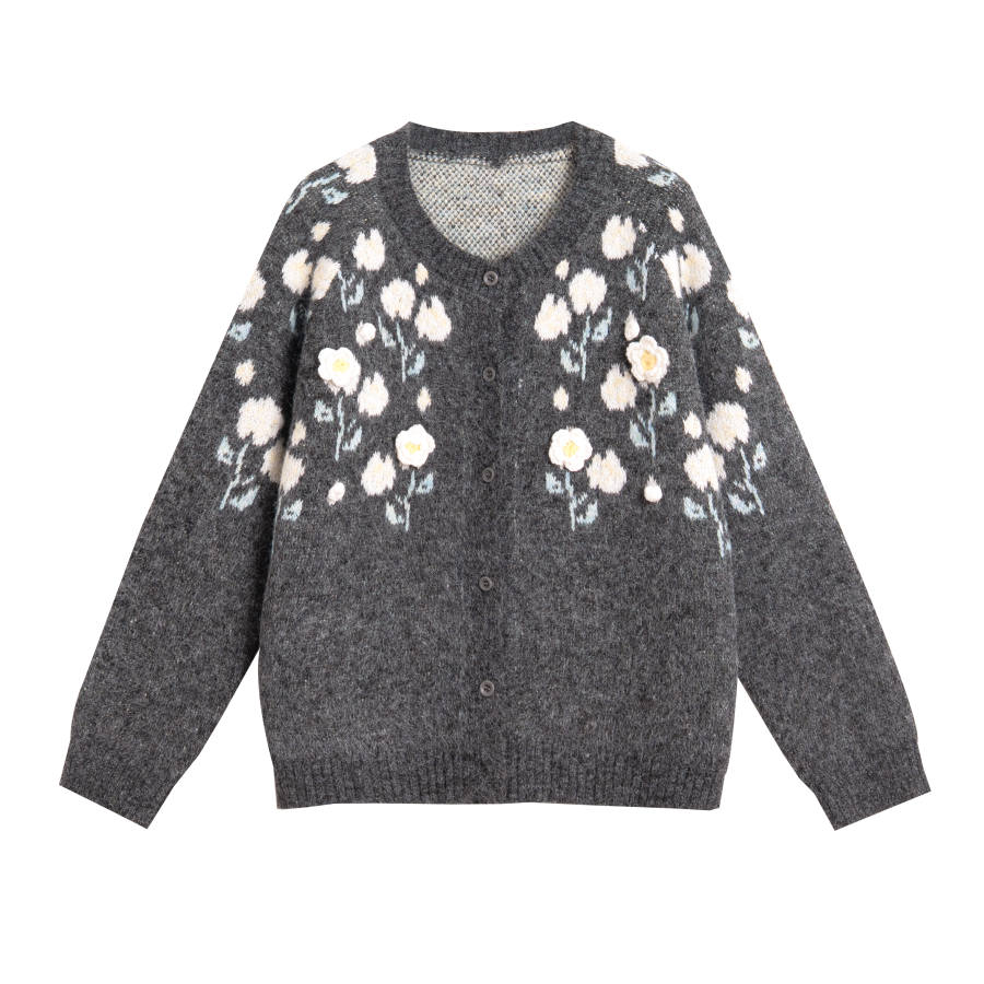 Tonlion Knitwear Women's Dark Heather Gray Crew Neck Moderate Cardigan