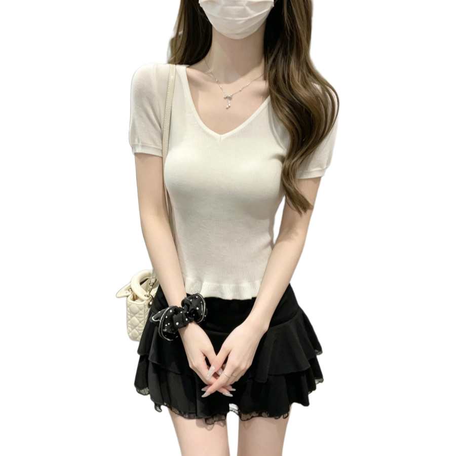 JBBCN T Shirts Women's V Neck Thin Nipped In Waist