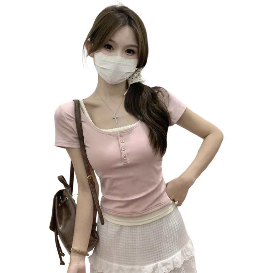 JBBCN JBBCN T Shirts Women's Pink Square Collar Thin Mock Two Piece
