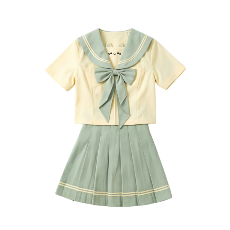 DUSHE Uniforms Women's Matcha Milk Cat Short Sleeved+Short Skirt+Long Tail Knot+Hanger+Box Lapel