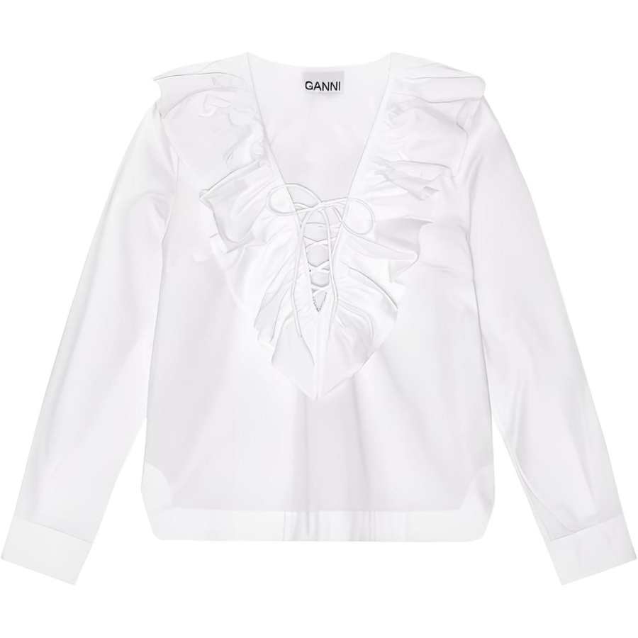 GANNI Ruffled V Neck Straight Hem Shirt