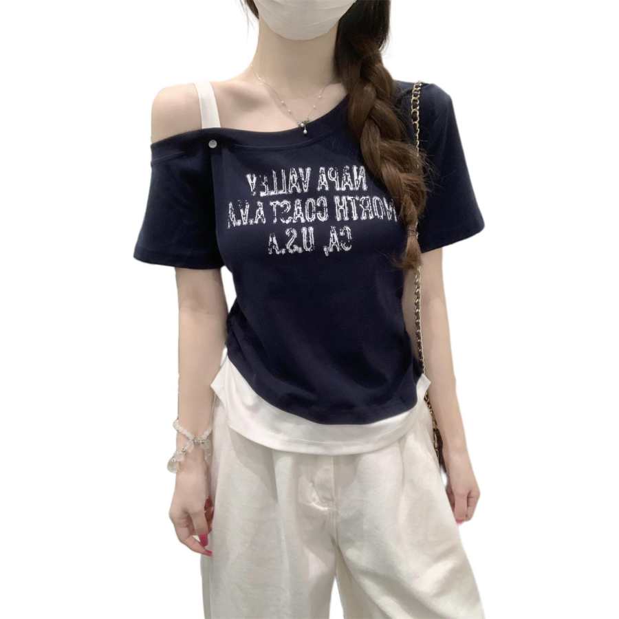 JBBCN T Shirts Women's Navy Blue Asymmetrical Shoulder Thin Mock Two Piece
