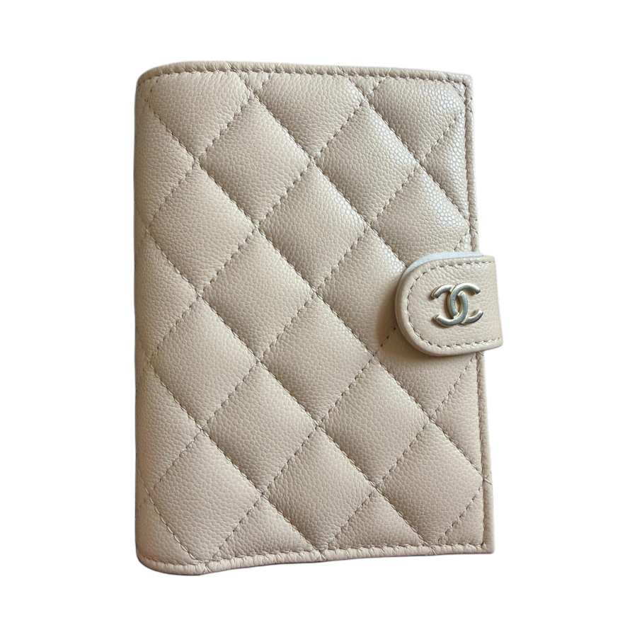 CHANEL Shiny Grain Calfskin & Gold Metal Passport Holder Small Women's Light Beige