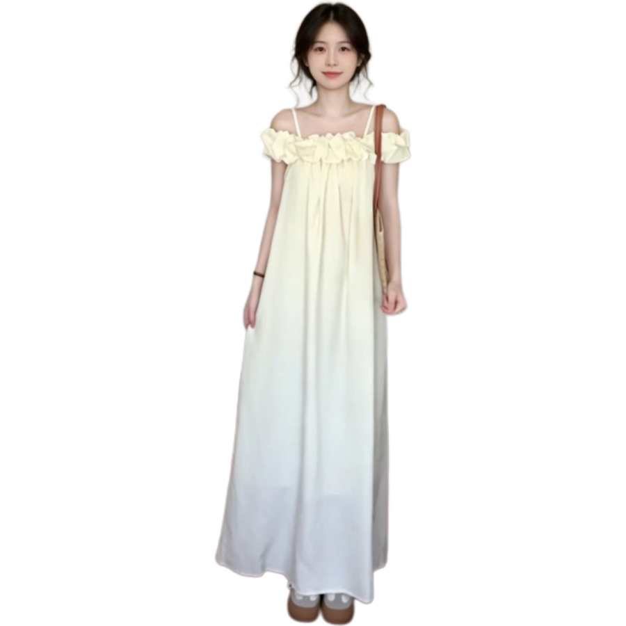 JBBCN Slip Dresses Women's White Apricot Off The Shoulder Thin Long Skirt