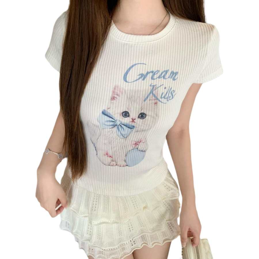 JBBCN T Shirts Women's White Crew Neck Thin Straight Fit