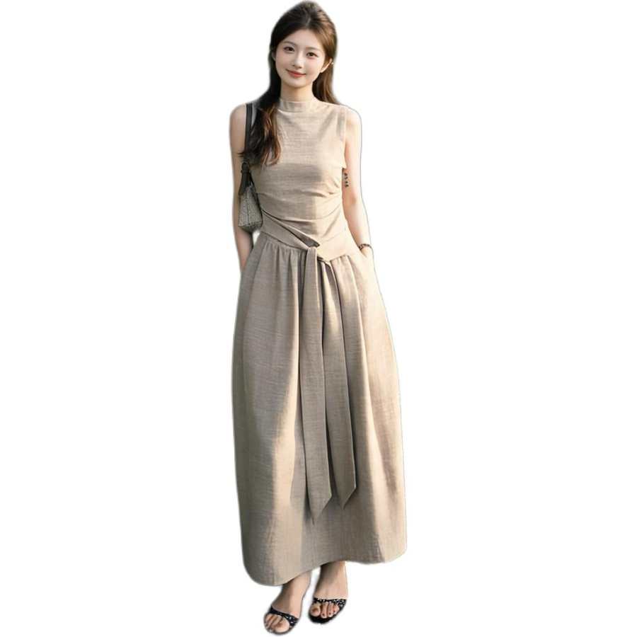 JBBCN Sleeveless Dresses Women's Khaki Half Turtleneck Thin Long Skirt
