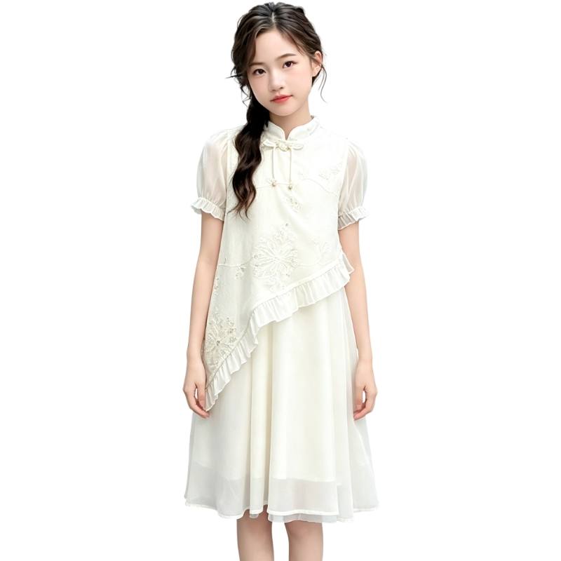 YALU Grade School Dresses Lapel Moderate Midi Skirt Stretch