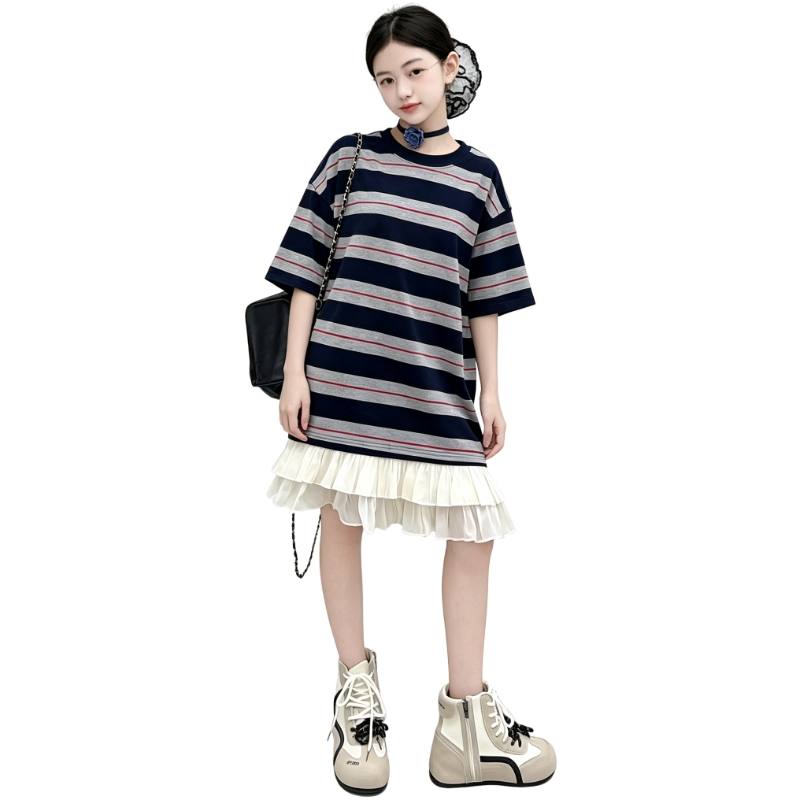 YALU Grade School Dresses Crew Neck Moderate Midi Skirt Stretch