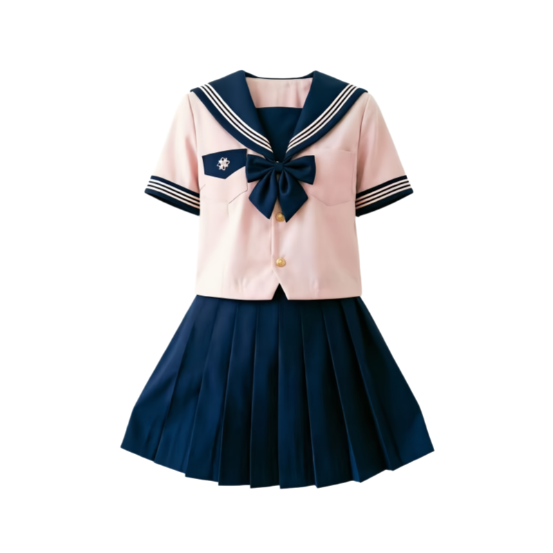 DUSHE Uniforms Women's Camellia Women's Short Sleeved Pink Top+42cm Dark Blue Skirt+Dark Blue Pointed Bow Ties Lapel Thin Short Skirt Pleated Skirt