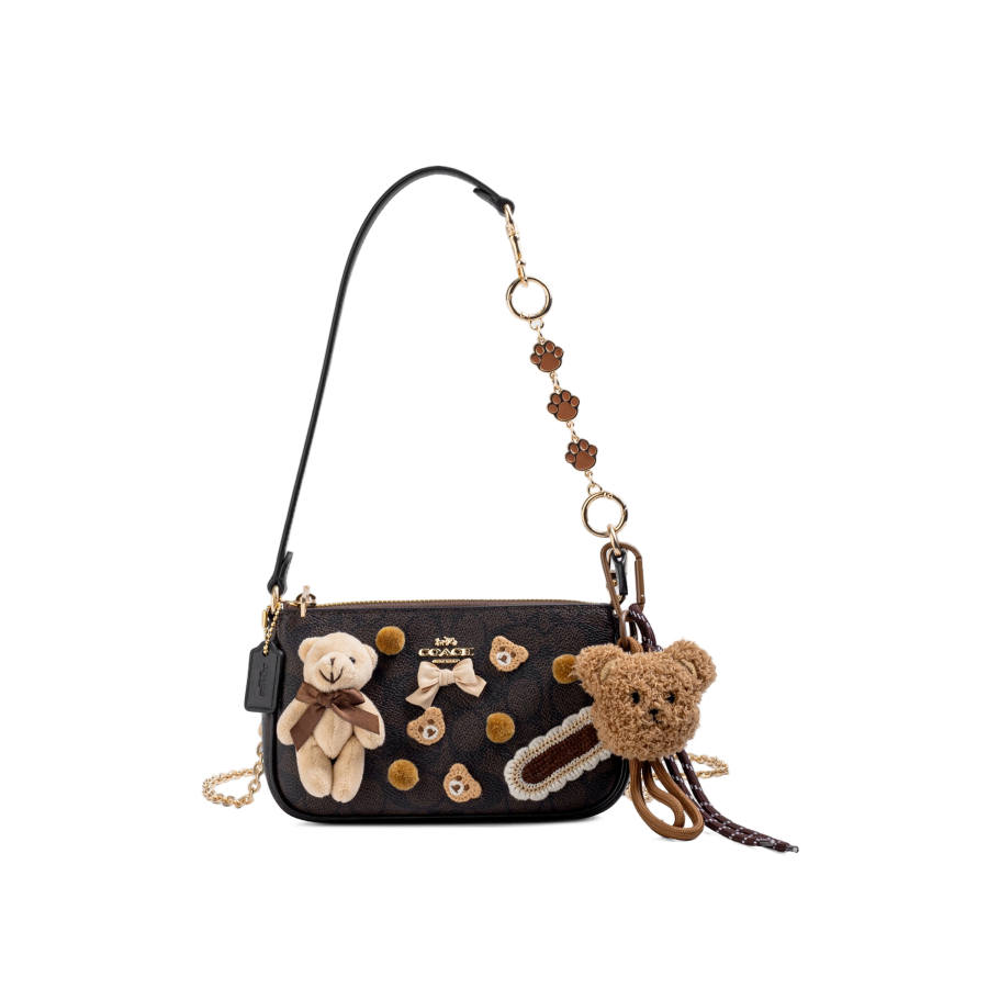 COACH Nolita Artificial Leather Handbag, Shoulder Bag Small Women's Gold & Walnut Wood & Black