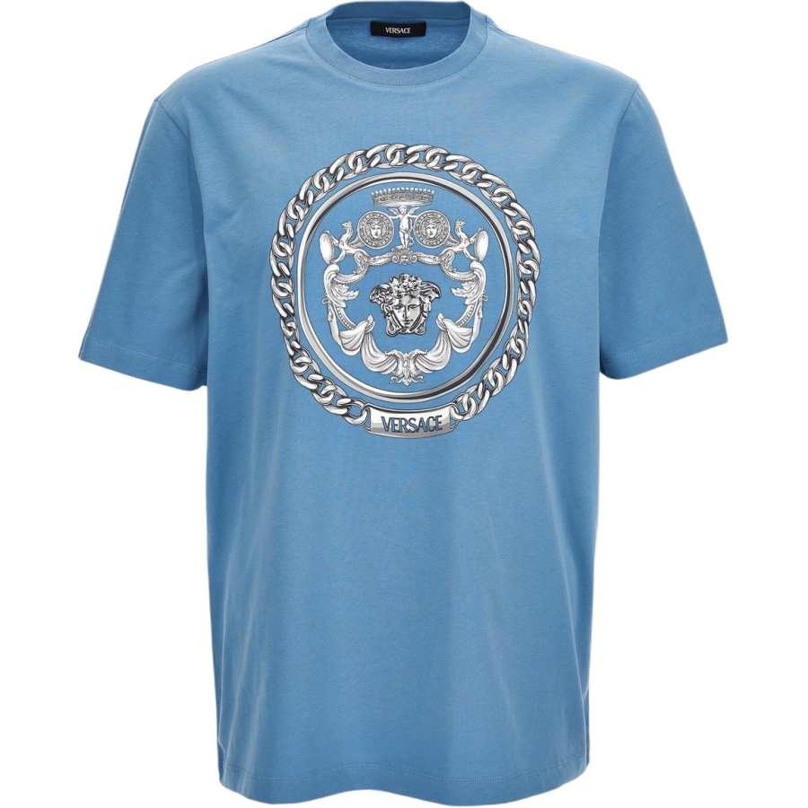 VERSACE T Shirts Men's Blue Crew Neck Moderate Straight Fit