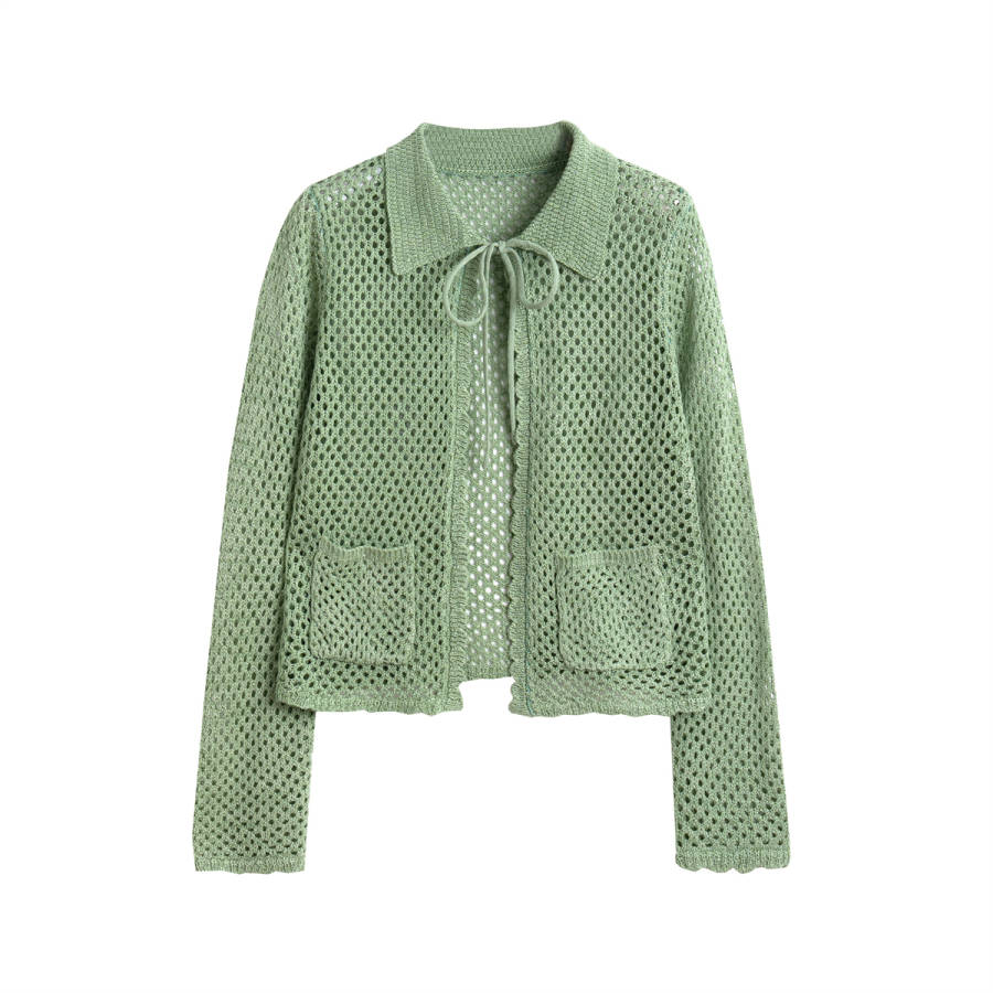 Tonlion Knitwear Women's Gray Green Lapel Moderate Cardigan