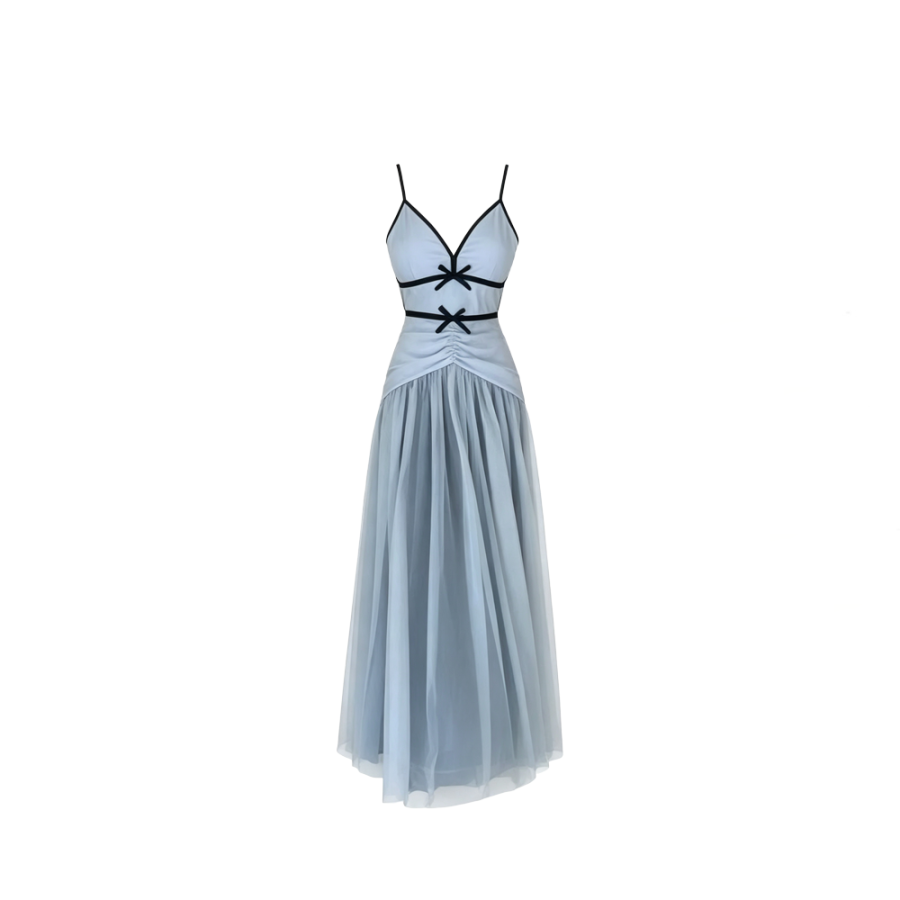 CPAURA Slip Dresses Women's Blue Dress V Neck Moderate Long Skirt