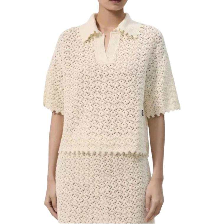 CHANEL Knitwear Women's Ecru Lapel Moderate Straight Fit