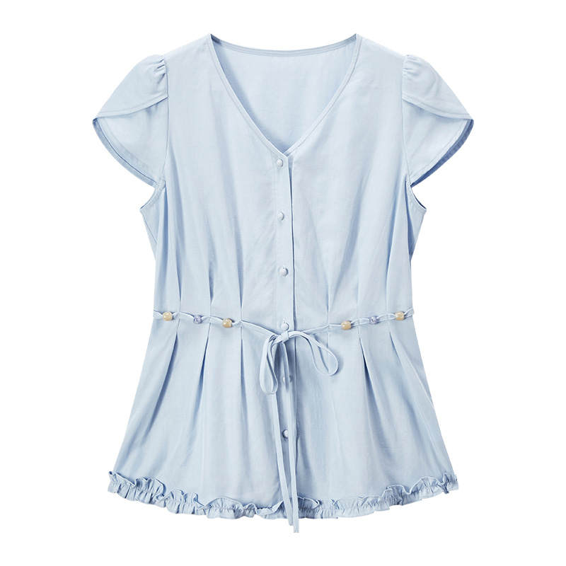 XIANGYING Shirts Women's Nautical Blue V Neck Thin