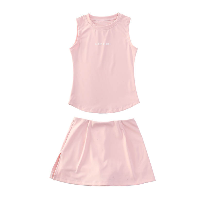 YALU Kids Two Piece Skirt Sets Crew Neck Thin Short Skirt Stretch
