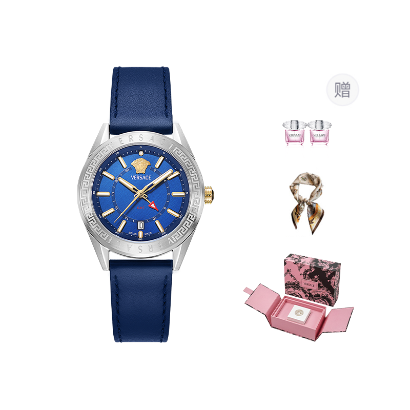 VERSACE V CODE GMT Wrist Watches Quartz Movement Cow Leather Strap 42mm Blue Dial Men's Watches