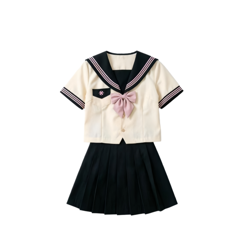 DUSHE Uniforms Women's Camellia Women's Short Sleeved Custard Top+39cm Black Skirt+Pink Pointed Bow Ties Lapel Thin