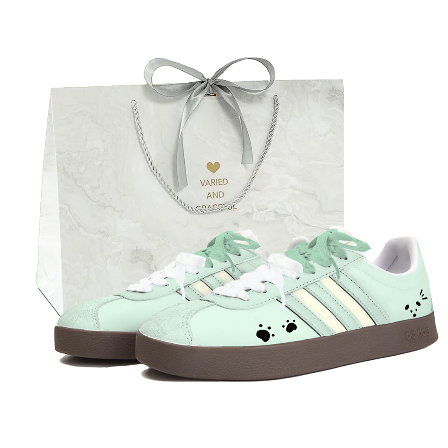 Adidas Adidas Vl Court Classic Floral Steps, Mint Bear, Gift Bag Edition Synthetic Leather Cushioning Abrasion Resistant