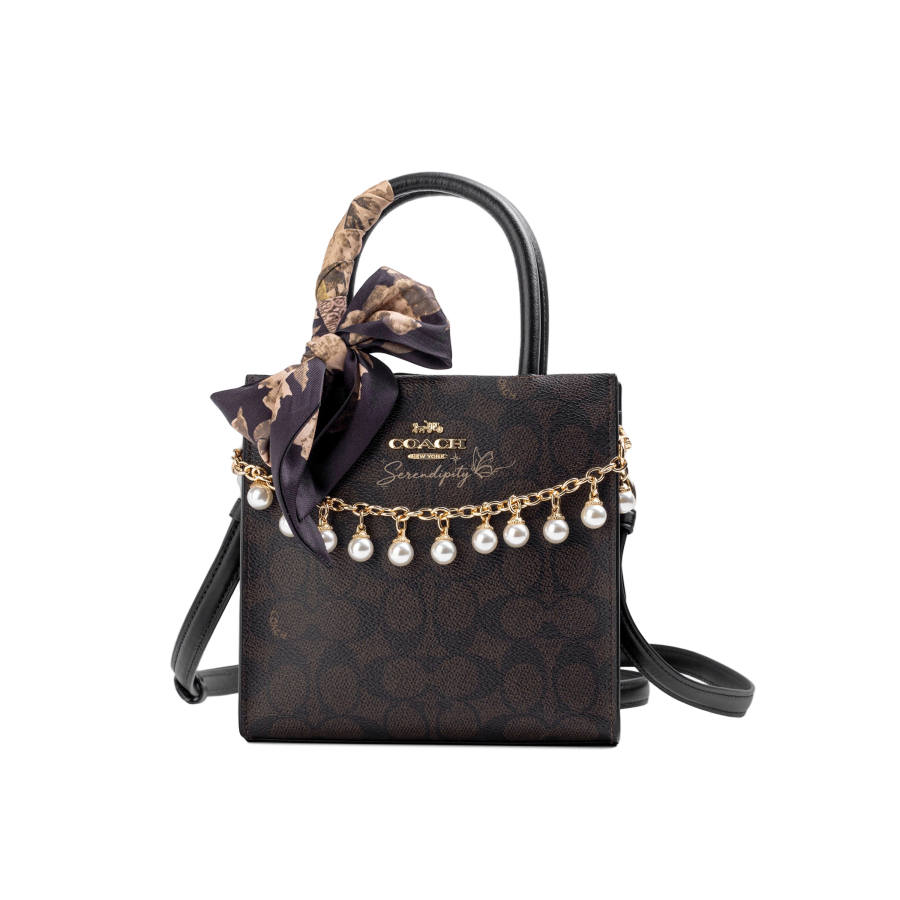 COACH Cally Artificial Leather Crossbody Handbag Small Women's Black & Brown Monogram